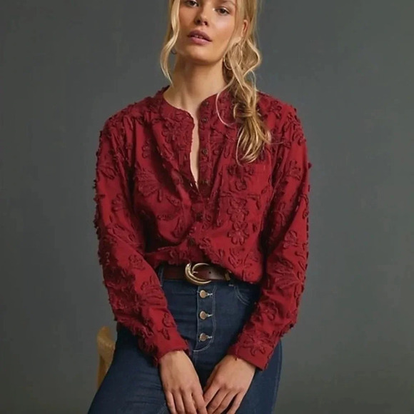 Pilcro Anthropologie The Whitney Trapeze Buttondown in Raspberry Size Small - Picture 1 of 10